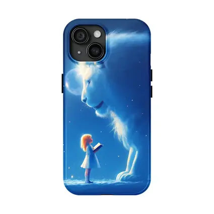 Girl and Glowing White Lion Blue Fantasy