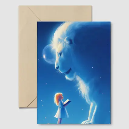 Girl and Glowing White Lion Blue Fantasy