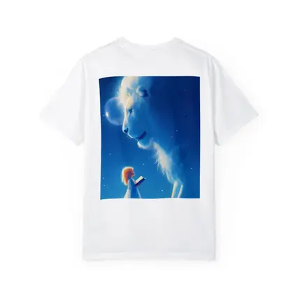 Girl and Glowing White Lion Blue Fantasy