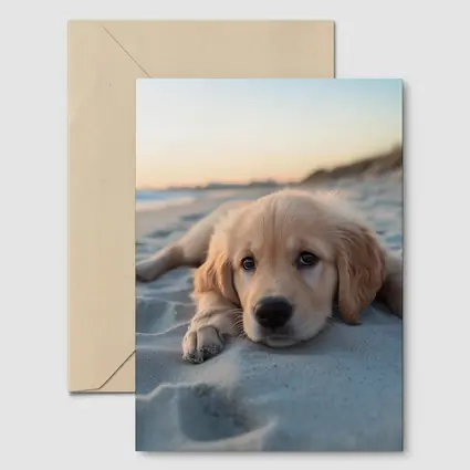 Golden Retriever Puppy Resting On Beach