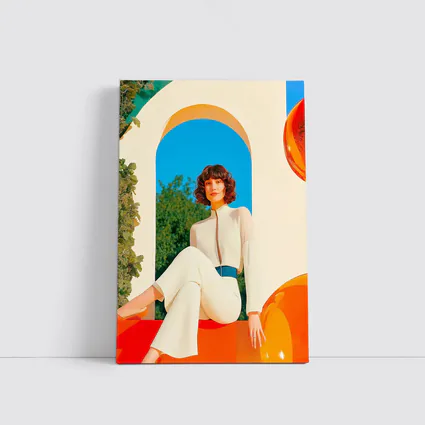 Retro Woman White Outfit Colorful Arch Background