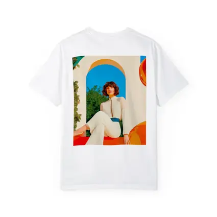 Retro Woman White Outfit Colorful Arch Background