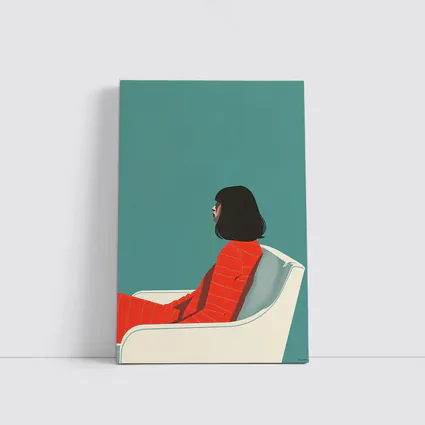 Woman Red Outfit Sitting Teal Background