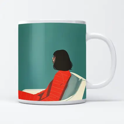 Woman Red Outfit Sitting Teal Background