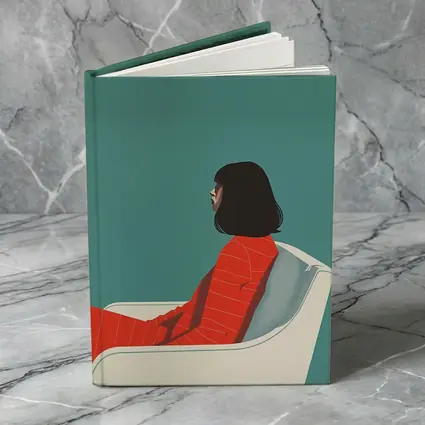 Woman Red Outfit Sitting Teal Background