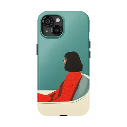 Woman Red Outfit Sitting Teal Background