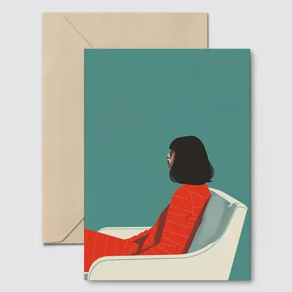 Woman Red Outfit Sitting Teal Background