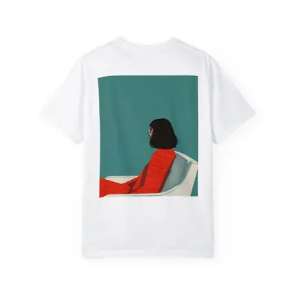 Woman Red Outfit Sitting Teal Background