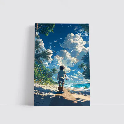 Anime Boy Walking Tropical Beach Blue Sky