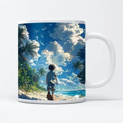 Anime Boy Walking Tropical Beach Blue Sky
