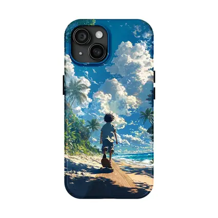 Anime Boy Walking Tropical Beach Blue Sky