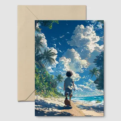 Anime Boy Walking Tropical Beach Blue Sky