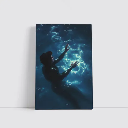 Person Underwater Dark Blue Glowing Light