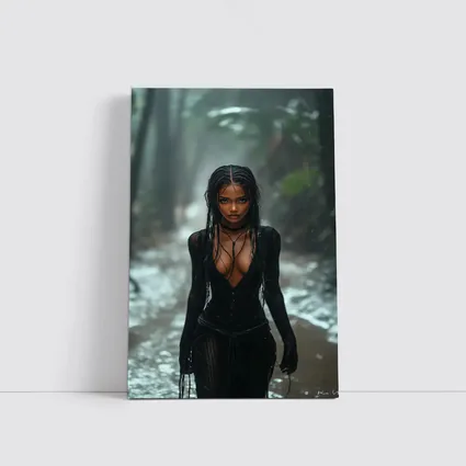 Woman in Black Standing Rainy Forest Path