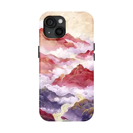 Red Mountains Clouds Chinese Traditional Art Style