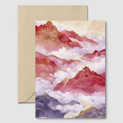Red Mountains Clouds Chinese Traditional Art Style