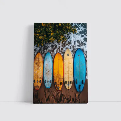 Colorful Surfboards Lined Up On Sandy Beach