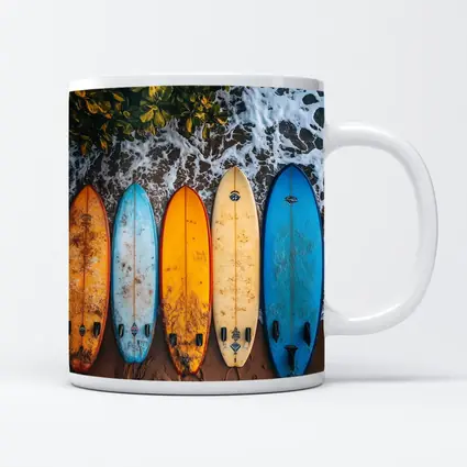 Colorful Surfboards Lined Up On Sandy Beach