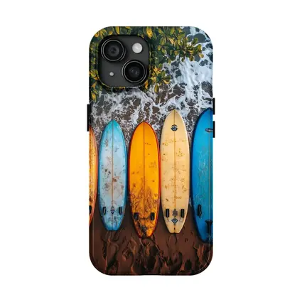 Colorful Surfboards Lined Up On Sandy Beach