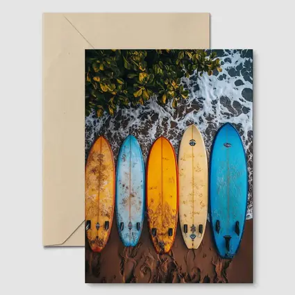 Colorful Surfboards Lined Up On Sandy Beach