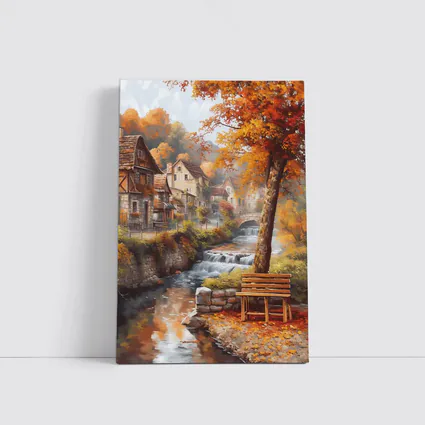 Autumn Village River Stone Bridge Painting