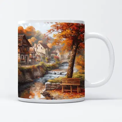 Autumn Village River Stone Bridge Painting