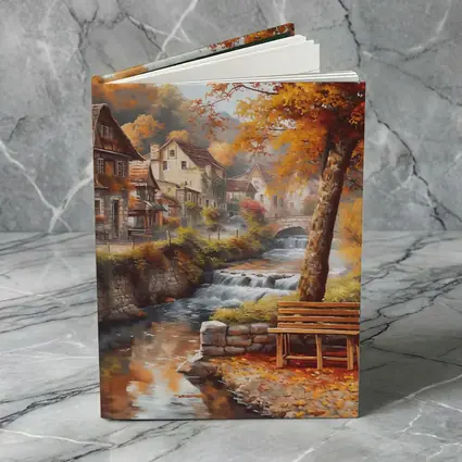 Autumn Village River Stone Bridge Painting