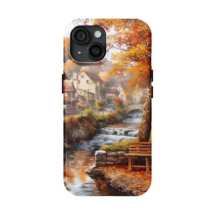 Autumn Village River Stone Bridge Painting