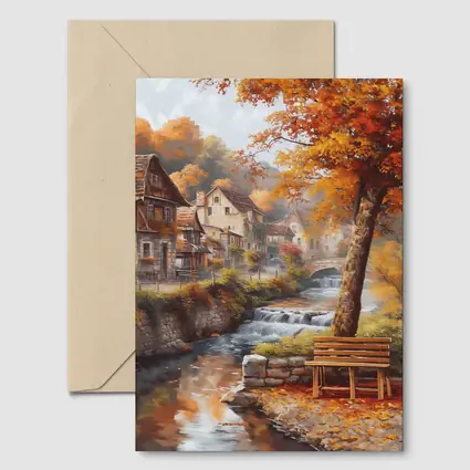 Autumn Village River Stone Bridge Painting