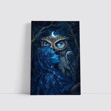 Woman and Owl Starry Night Fantasy Art
