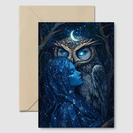 Woman and Owl Starry Night Fantasy Art