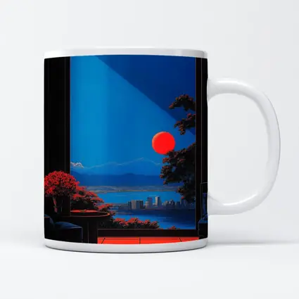 Red Moon City View Through Dark Window