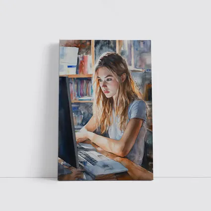 Girl at Computer Watercolor Study Bookshelf