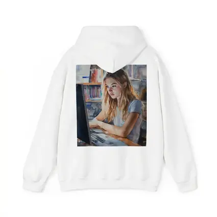 Girl at Computer Watercolor Study Bookshelf