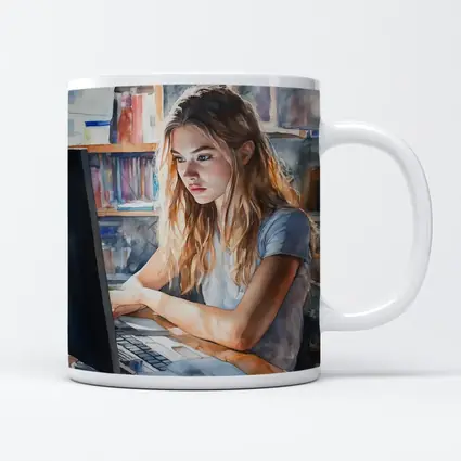 Girl at Computer Watercolor Study Bookshelf