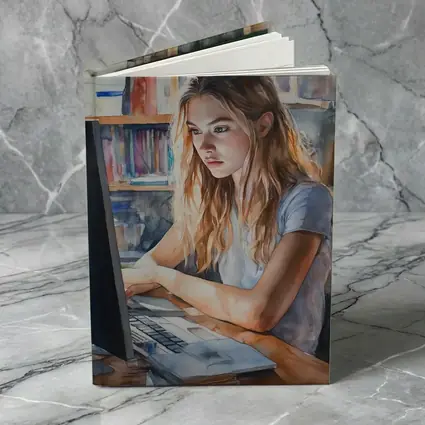 Girl at Computer Watercolor Study Bookshelf