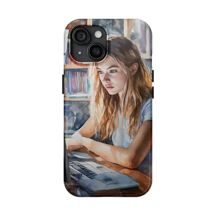 Girl at Computer Watercolor Study Bookshelf