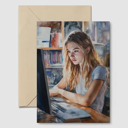 Girl at Computer Watercolor Study Bookshelf