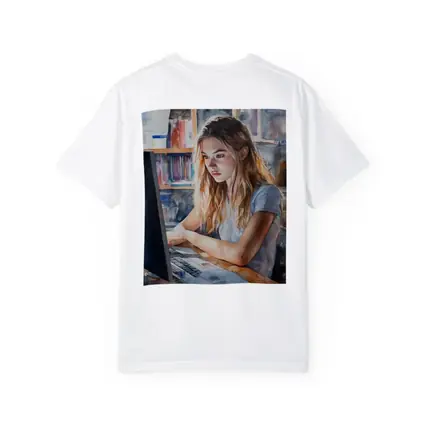 Girl at Computer Watercolor Study Bookshelf