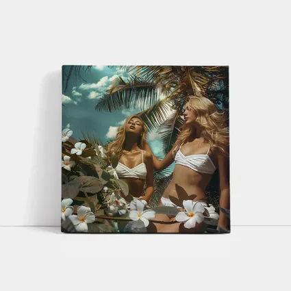 Two Women White Bikini Tropical Plumeria Flowers