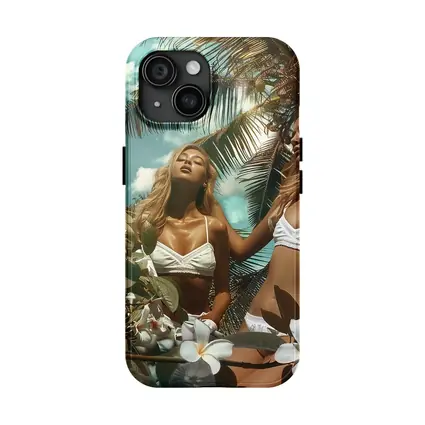 Two Women White Bikini Tropical Plumeria Flowers
