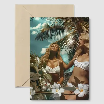 Two Women White Bikini Tropical Plumeria Flowers