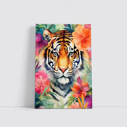 Tiger Portrait Watercolor Tropical Flowers Art