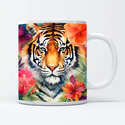 Tiger Portrait Watercolor Tropical Flowers Art