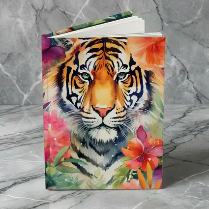 Tiger Portrait Watercolor Tropical Flowers Art