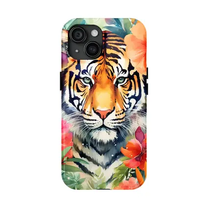Tiger Portrait Watercolor Tropical Flowers Art