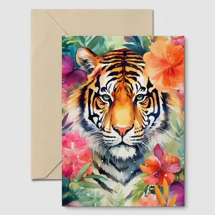 Tiger Portrait Watercolor Tropical Flowers Art