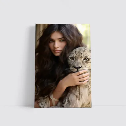 Woman Holding Snow Leopard Soft Background