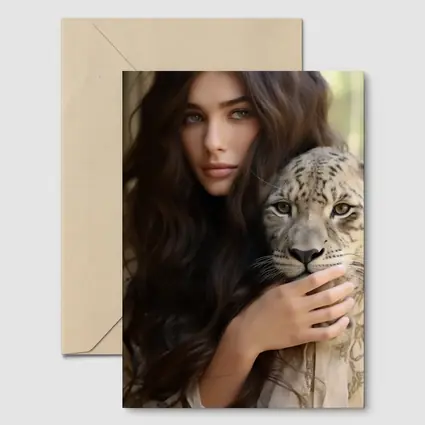 Woman Holding Snow Leopard Soft Background