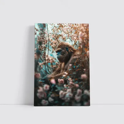 Gorilla Among Pink Blossoms Floral Background